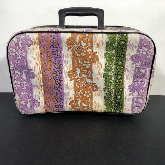 Small Travel Bag Suitcase 1970s Floral Striped Tropical Stripes Zipper Pocket - Picture 8 of 16
